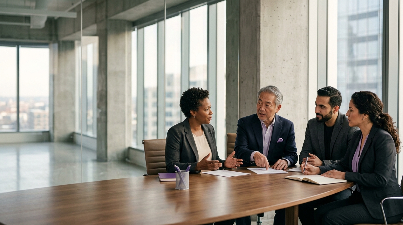 A diverse leadership team in conversation around a boardroom table